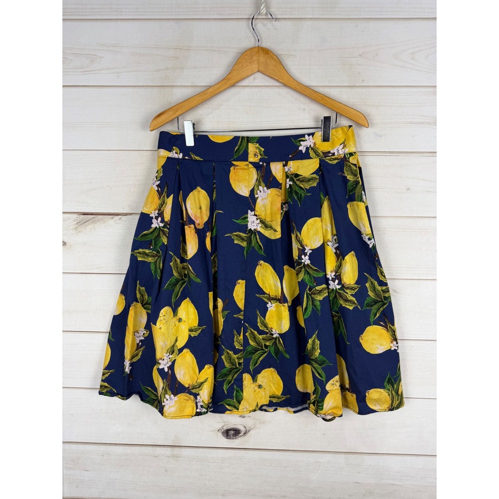 Lemon Print Skirt Large Pleated A-Line Skirt High Waist Summer Citrus Floral